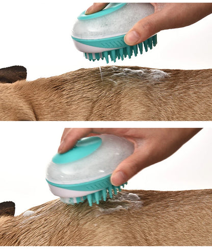 Dog being groomed with teal pet bath brush