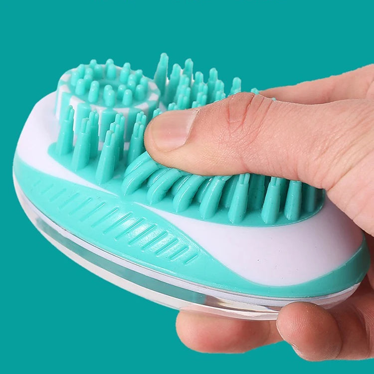 Hand holding teal pet bath brush with soft bristles