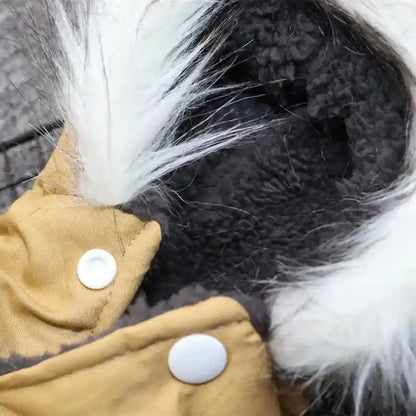 Fur-trimmed hood and fleece lining of beige coat.