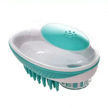 Teal pet bath brush with transparent soap compartment