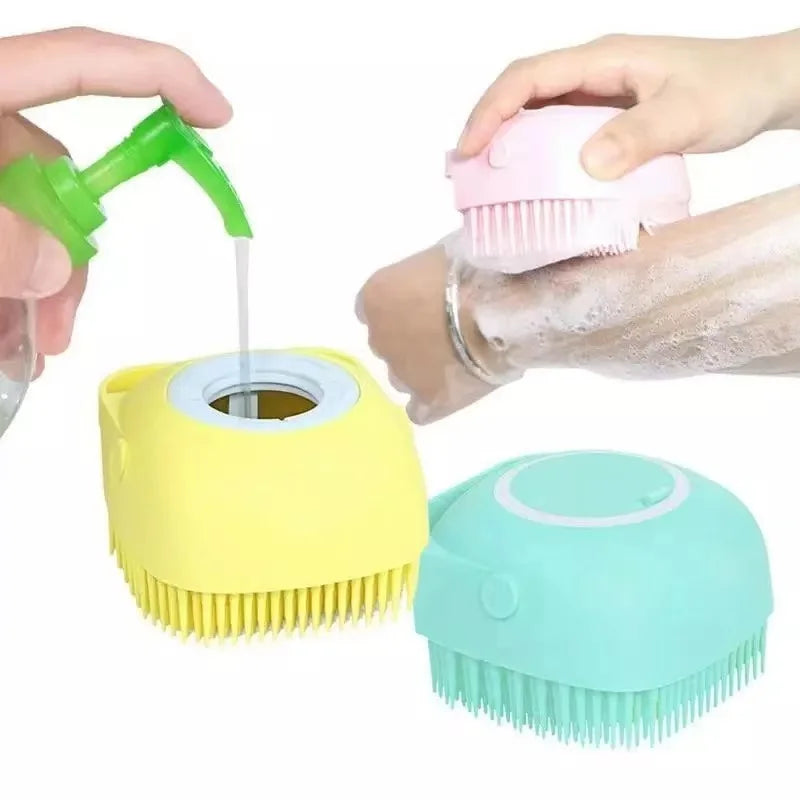 Pink and yellow pet bath brushes with soap dispenser