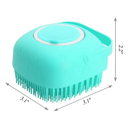 Teal pet bath brush with dimensions labeled