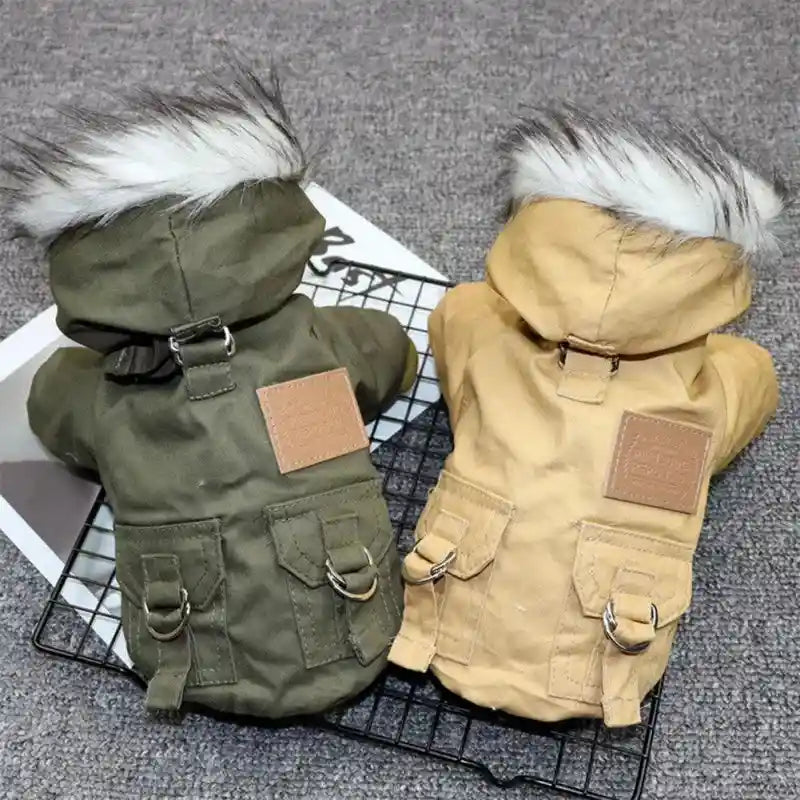 Green and beige winter dog coats with fur hoods.