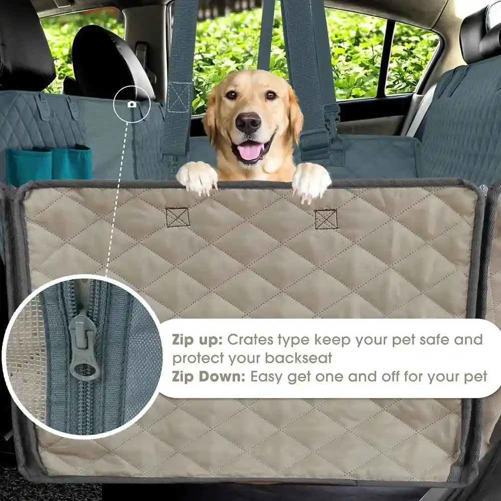 Dog peeking over waterproof car seat cover