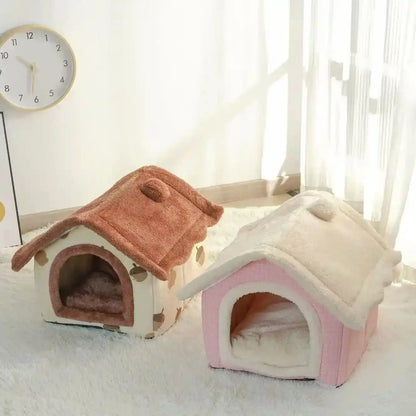 Two soft pet beds in pink and brown with cozy interiors.