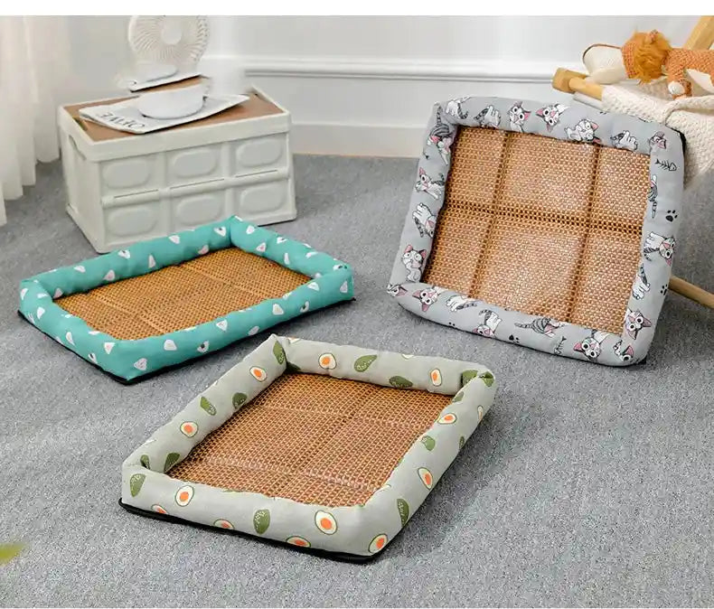 Three rattan pet beds with different prints