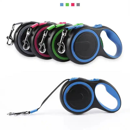 Set of retractable dog leashes in various colors.