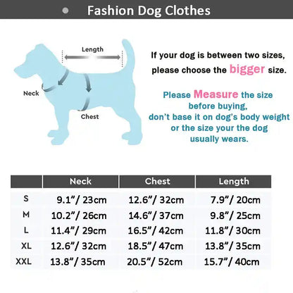 Dog clothing size chart for neck, chest, and length