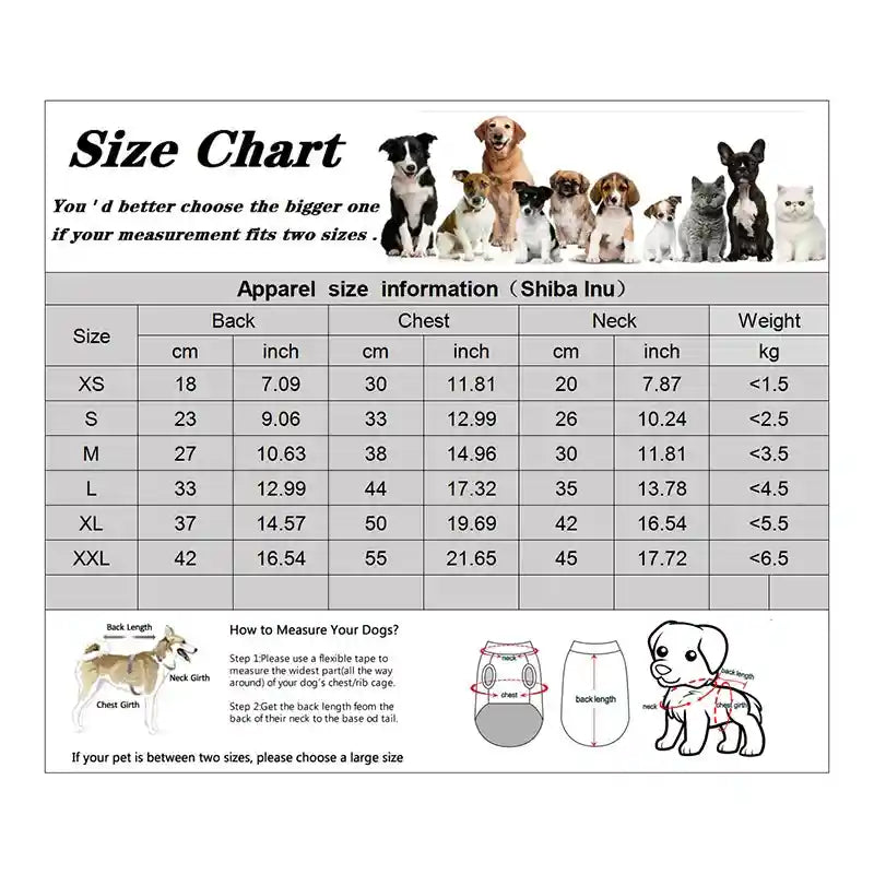 Dog coat size chart with measurements.