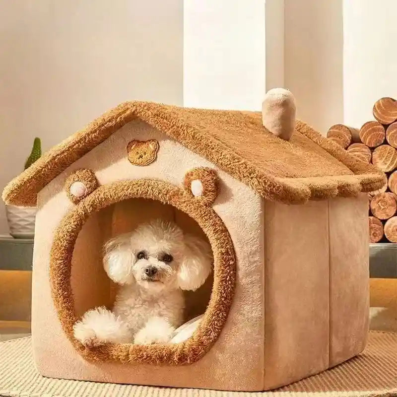 Soft dog bed in brown house design with plush interior.