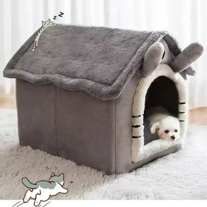 Gray soft dog bed with plush roof and sleeping pet.