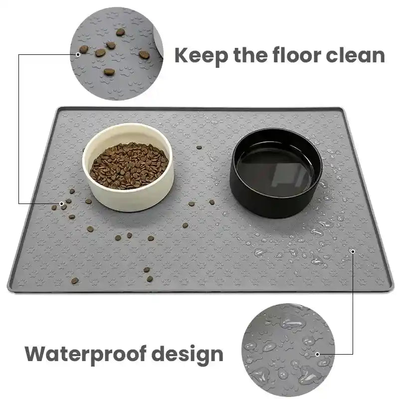 Gray silicone mat with pet bowls, showcasing waterproof design