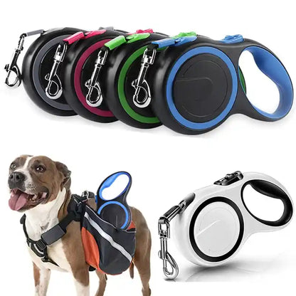 Colorful retractable dog leashes with ergonomic handle.