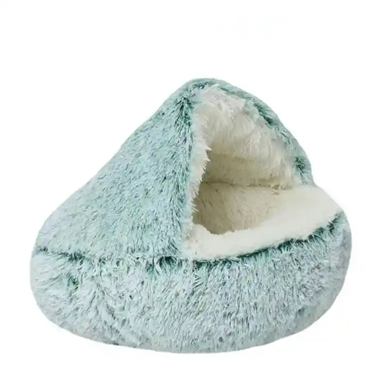 Green plush winter pet bed, cozy design.