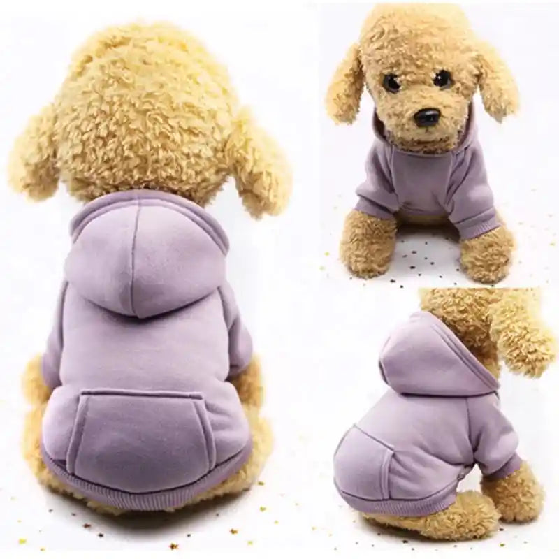 Purple dog hoodie for small dogs, stylish and warm.