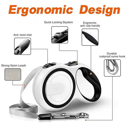 Ergonomic design retractable dog leash with features labeled.