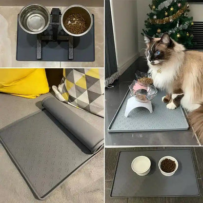 Various uses of silicone pet mat with cat and feeding bowls