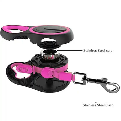 Pink retractable dog leash with stainless steel core and clasp.