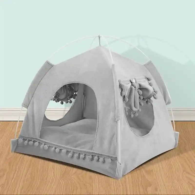 Gray cat tent bed with pom-pom trim and side window