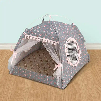 Floral cat tent bed with mesh windows and pom-pom trim