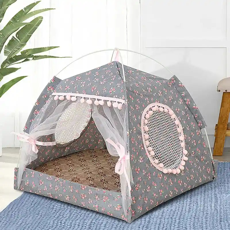 Floral cat tent bed with mesh windows and pom-pom trim