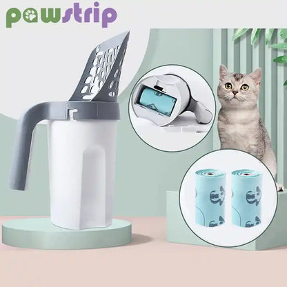 Self-cleaning cat litter shovel with built-in poop bag