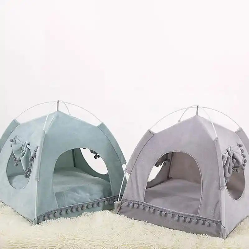 Gray and blue cat tent beds with pom-pom trim