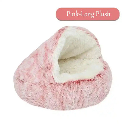 Pink long plush winter pet bed, fluffy.