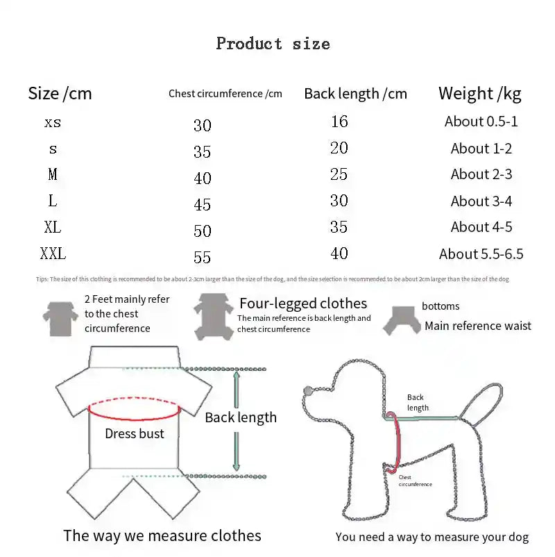 Dog clothes size chart for small dogs.