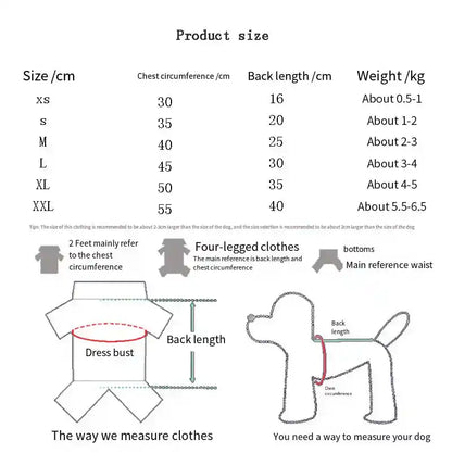 Dog clothes size chart for small dogs.