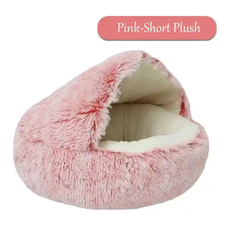 Pink short plush winter pet bed, inviting.