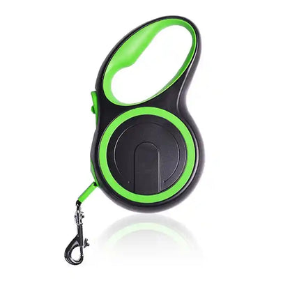 Green retractable dog leash with durable nylon cord.