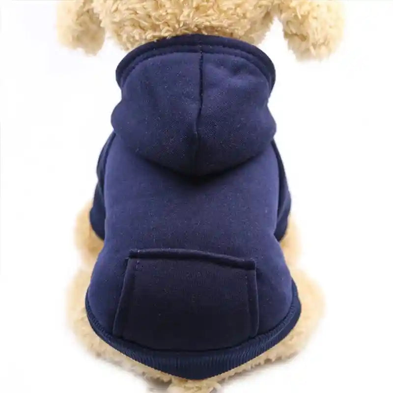 Navy blue dog hoodie for small dogs, warm and stylish.