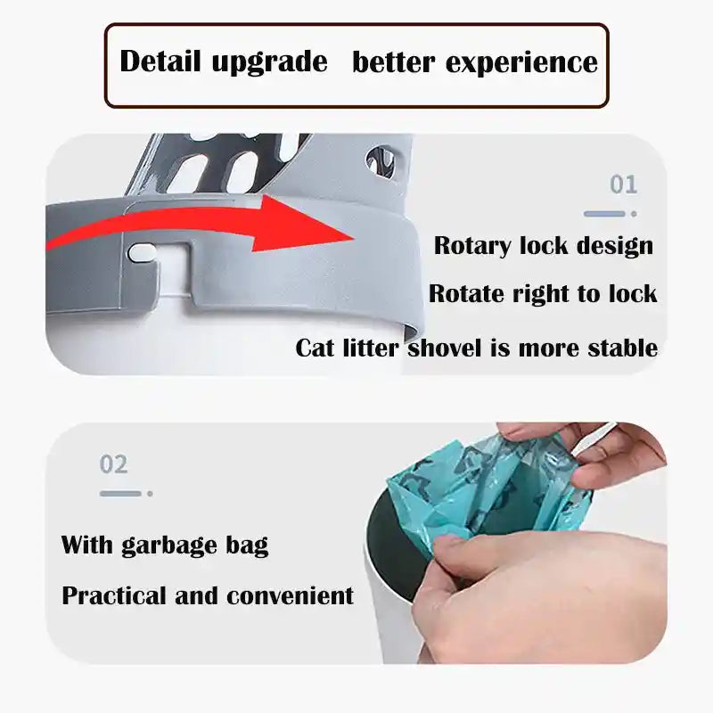 Cat litter shovel with rotary lock and garbage bag