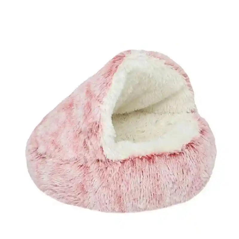 Pink plush winter pet bed, soft interior.