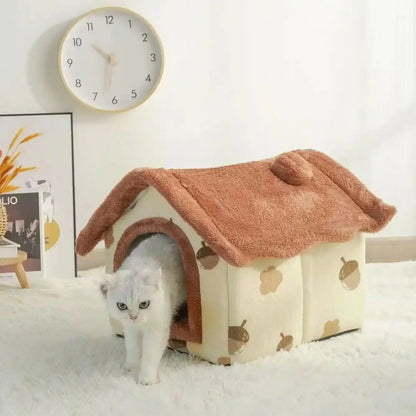 Cat exiting soft pet bed with brown roof and cozy interior.